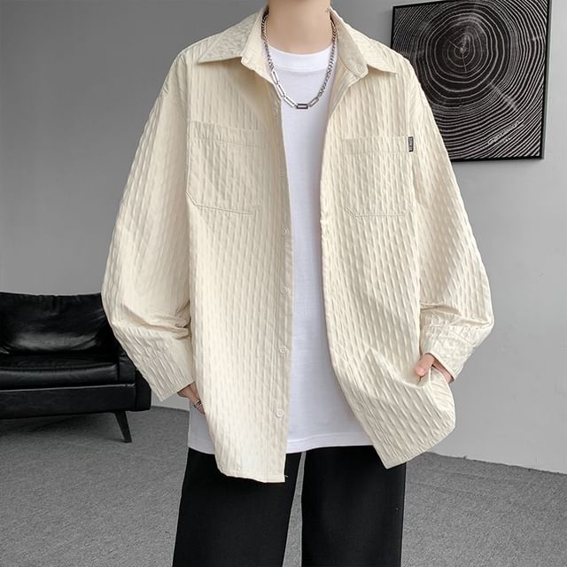 Ninine-Long-Sleeve Plain Textured Button-Up Shirt