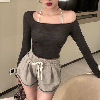 BBChic - Long-Sleeve Off-Shoulder Sheer Top / Camisole Top / Shorts |  YesStyle