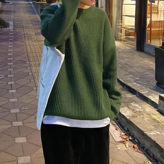 Okwano-Crew Neck Plain Ribbed Sweater