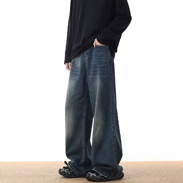 Naideth-Mid Rise Washed Wide Leg Jeans
