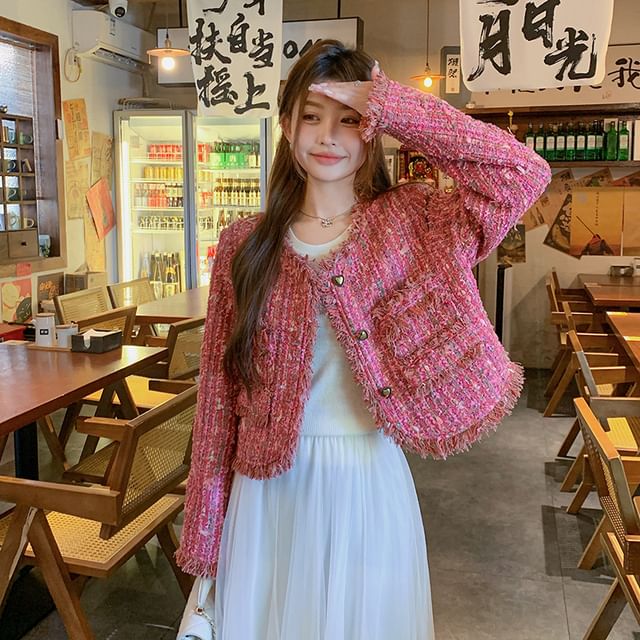 Sienne-Tweed Button-Up Crop Jacket