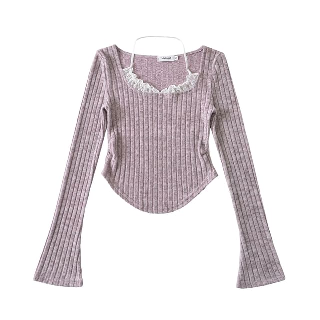 Ulark-Flared-Sleeve Scoop Neck Plain Ribbed Lace Trim Asymmetrical Tee