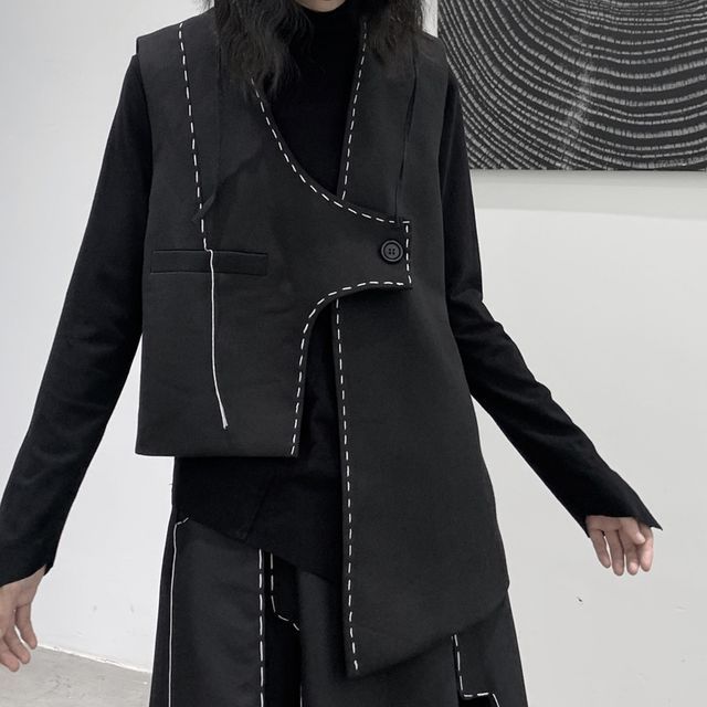 SIMPLE BLACK-Contrast Stitching Asymmetrical Single-Button Vest