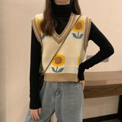 CEYX - Sunflower Print Vest / Long-Sleeve Turtleneck Top CEYX - Sunflower Print Vest / Long-Sleeve Turtleneck Top