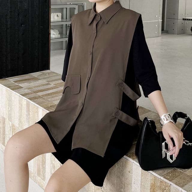 KUMI-Sleeveless Collared Plain Shirt