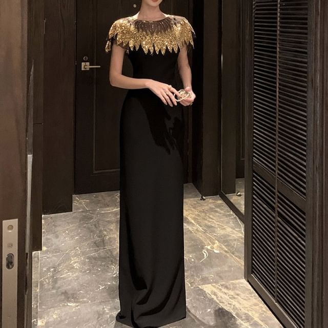 Yilda-Cap-Sleeve Round Neck Sequin Panel Maxi Sheath Dress