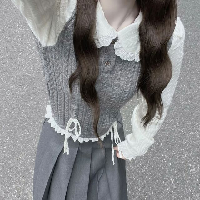 Metonymph-Long-Sleeve Mock Two-Piece Half Buttoned Knit Top Pleated Skirt