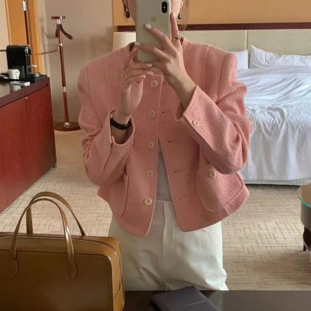 Jesong-Crewneck Button-Up Plain Jacket