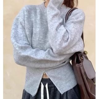 Trendycas-Mock Neck Plain Zip Slit Sweater Drawstring Waist Plain Baggy Pants