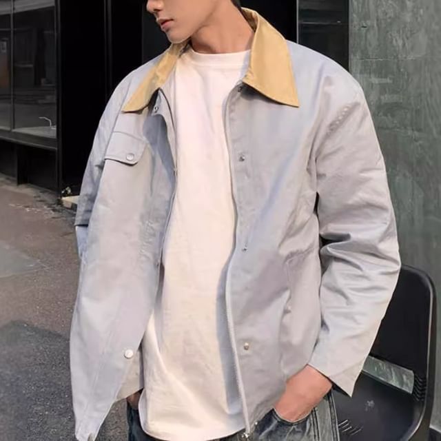 Savenne-Collared Two Tone Button-Up Jacket