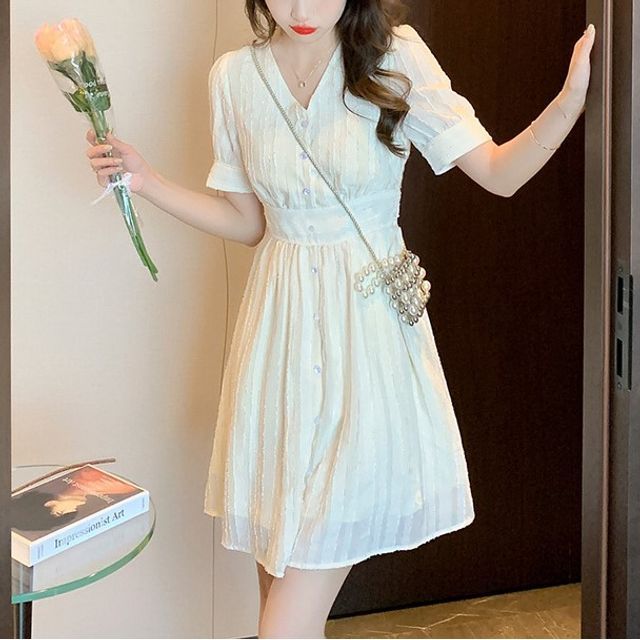 knee length dresses for ladies Gold Metallic V Neck Short Sleeve Mini Dress main image 0