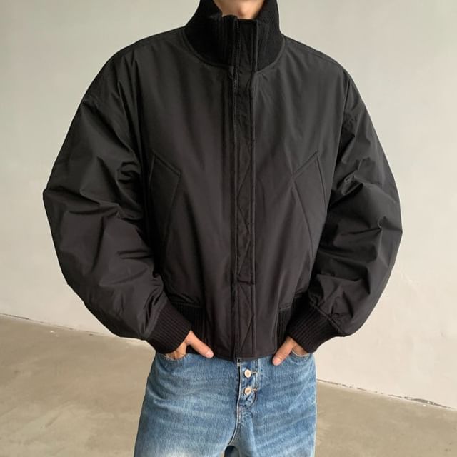 VEAZ-High Neck Plain Zip-Up Bomber Jacket