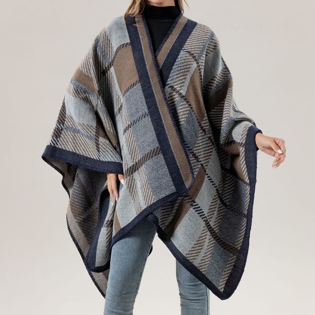 JVL-Plaid Open Front Poncho