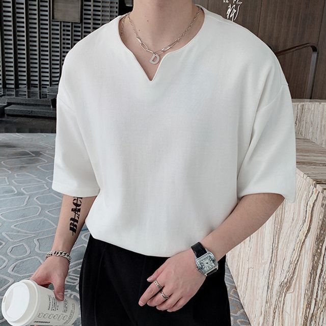 Nightbell-Short-Sleeve Notch Neck Plain T-Shirt