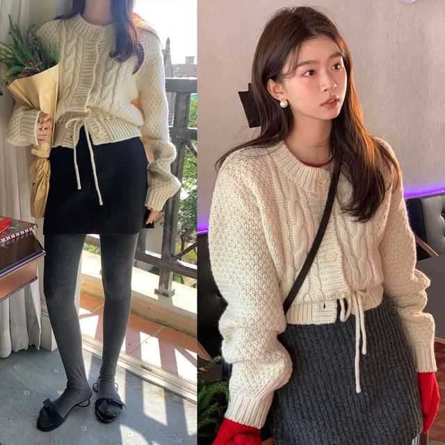 Dute-Crew Neck Plain Cable-Knit Cardigan