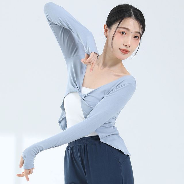 femmal-Long-Sleeve V-Neck Plain Knotted Slit Tee