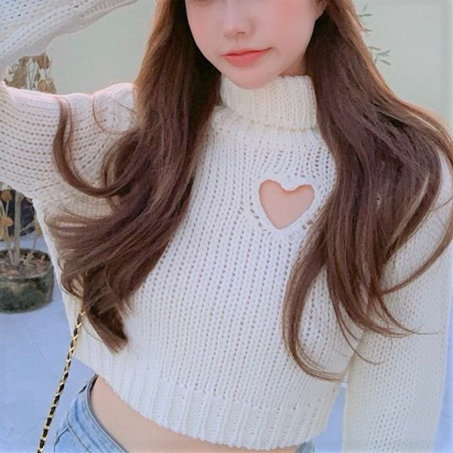 Heart Embroidery Curly Edges Ribbed Turtle Neck Blouse