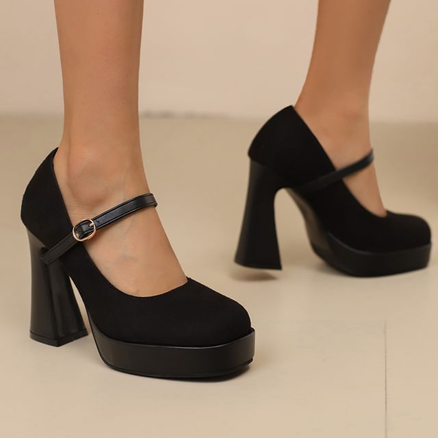 Megan-Chunky Heel Plain Buckled Mary Jane Pumps