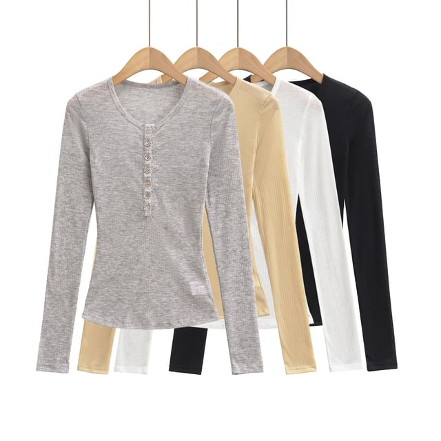 Asiris-Long-Sleeve Plain Ribbed Henley Tee