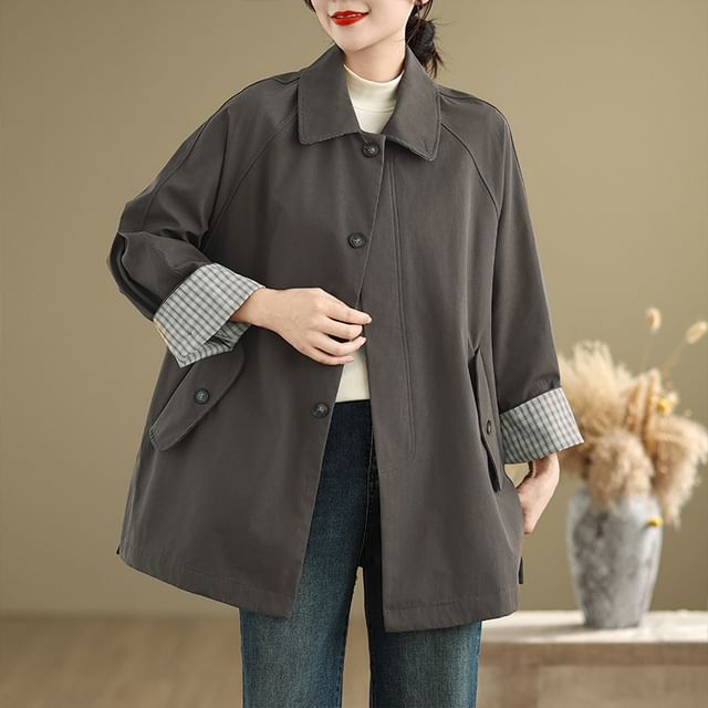 Acoustic Rain-Collared Plaid Panel Button Trench Coat