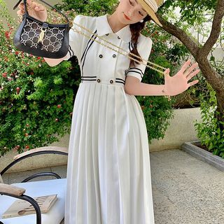 Tzarkozy Short-Sleeve Collared Striped Pleated Double Breasted Midi A-Line Dress Sale