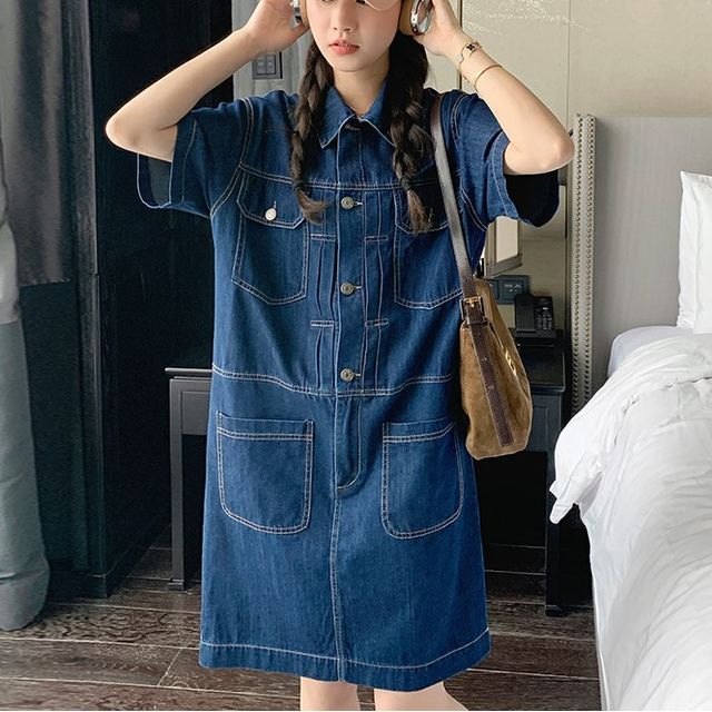 Tzarkozy - Short-Sleeve Collared Washed Button Shift Denim Cargo Dress |  YesStyle