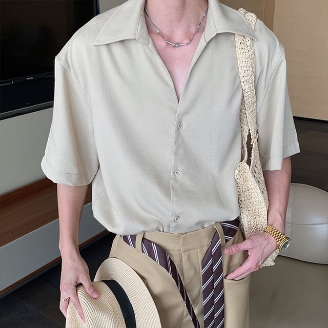 Nahagin-Short-Sleeve Plain Button-Up Shirt