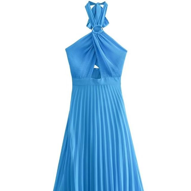 Dahlius Halter-Neck Plain Accordion Pleat Keyhole Midi A-Line