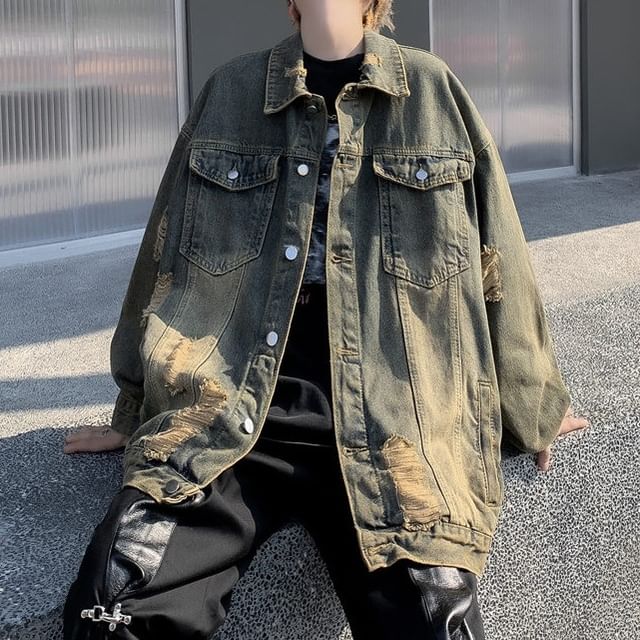 Lorencho-Washed Distressed Oversized Denim Single-Breasted Jacket