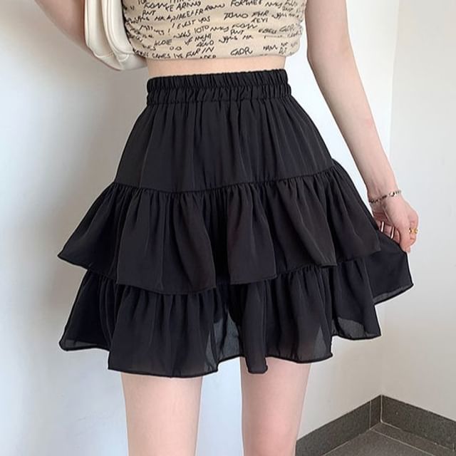 Sisyphi-High Waist Plain Layered Mini A-Line Skirt