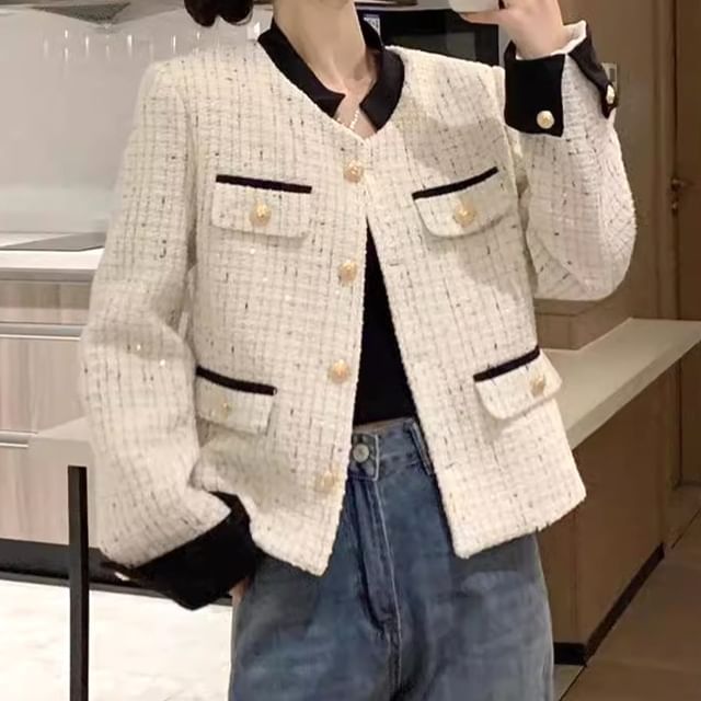Striinkie-Contrast Trim Tweed Button Jacket