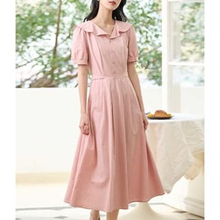 Sistyr Short-Sleeve Peter Pan Collar Half-Buttoned Plain Dress Sale