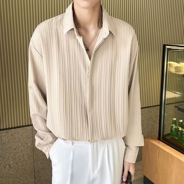 DuckleBeam-Long Sleeve Collared Plain Button Up Pleated Shirt