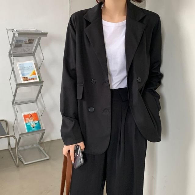 Yako-Lapel Collared Plain Double-Breasted Blazer