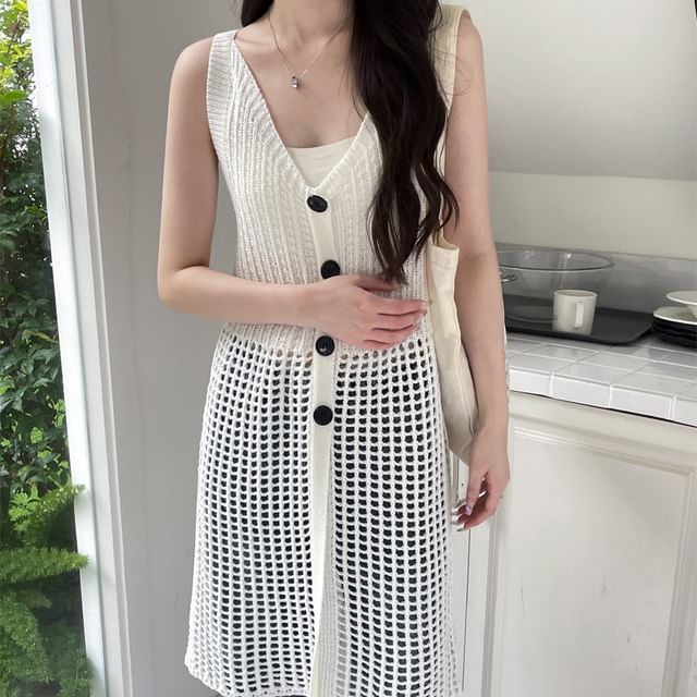 GOUB-Sleeveless V-Neck Plain Button Knit Long Top