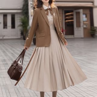 GOGO Girl Long-Sleeve Collared Plain Shirt / Bow Tie / Notch Lapel Floral Embroidered Single Breasted Blazer / Square Neck Pleated Midi A-Line Overall Dress... Sale