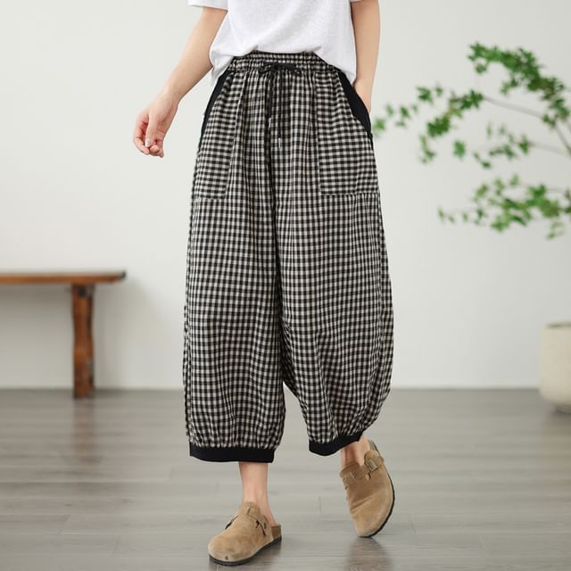 Lewwe-Drawstring Waist Plaid Cropped Harem Pants