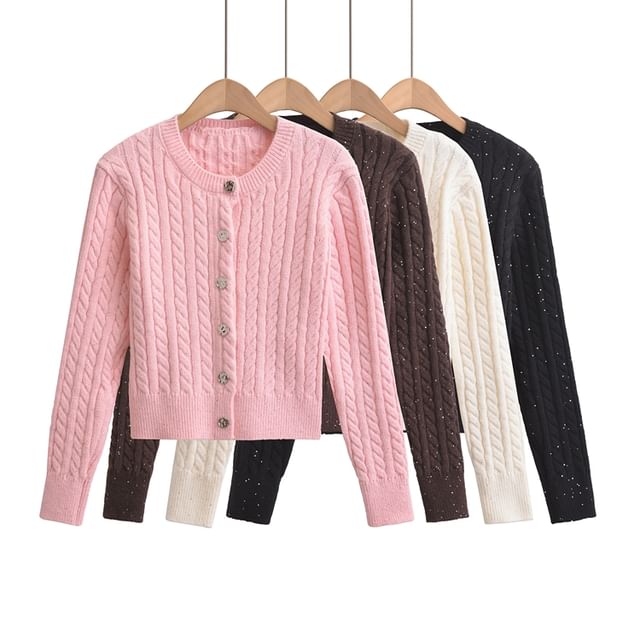 Ulark-Crew Neck Plain Sequin Cable Knit Button-Up Crop Cardigan