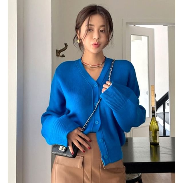 SeoulPop-V-Neck Plain Cardigan