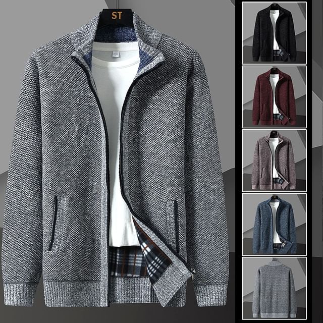 FORSETI-Stand Collar Melange Zip-Up Cardigan