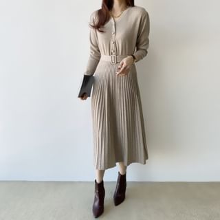 Omibayo-Long Sleeve V-Neck Plain Pleated Button Belted Knit Midi A-Line Dress
