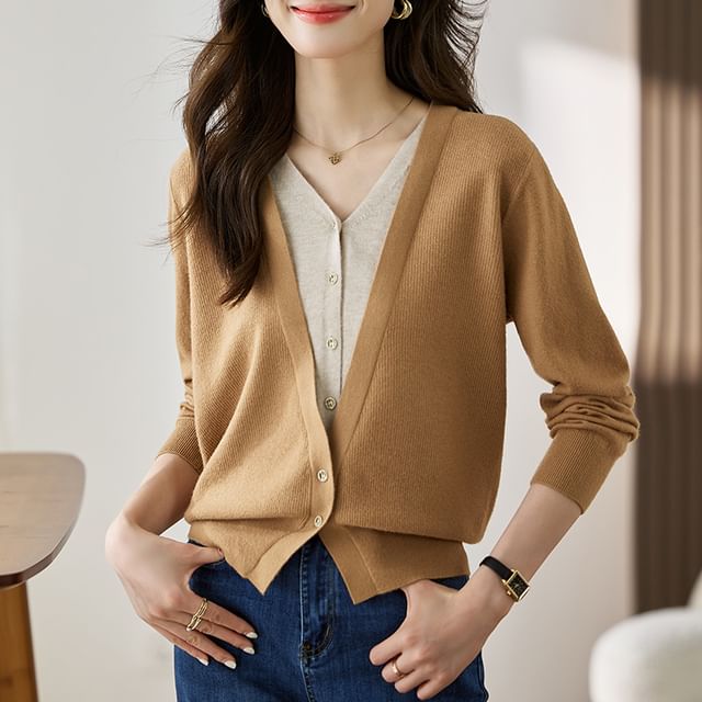 Jeonseon-Mock Two-Piece V-Neck Two Tone Cardigan