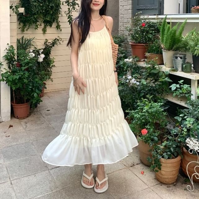 ANORA-Spaghetti Strap Plain Maxi Sundress