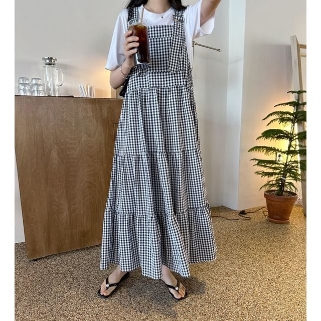 Jesong-Gingham Maxi Dungaree Dress