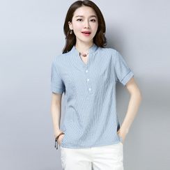 Bohomina - V領條紋短袖襯衫 Bohomina - V領條紋短袖襯衫