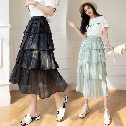 Elastic Waist Plain Tiered Midi A-Line Skirt