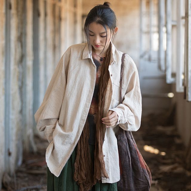 Lewwe-Long-Sleeve Plain Button-Up Ramie Oversized Shirt