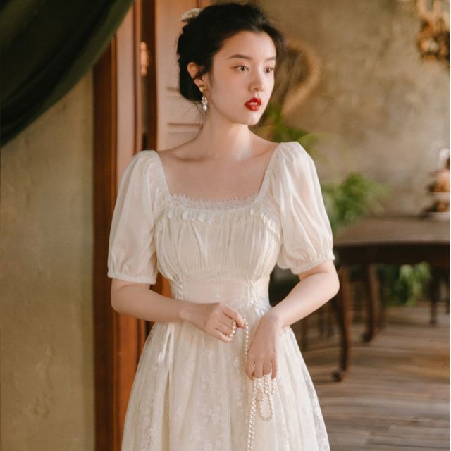 chinese dress ladies Dark Pine Long Puff Sleeve Lace Mini Dress main image 0