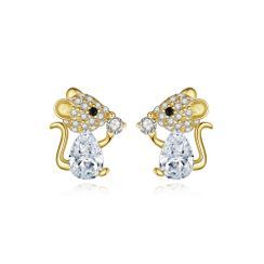 BELEC - Sterling Silver Plated Gold Simple Cute Little Mouse Stud Earrings with Cubic Zirconia