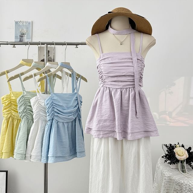Lemongrass-Plain Ruched A-Line Camisole Top